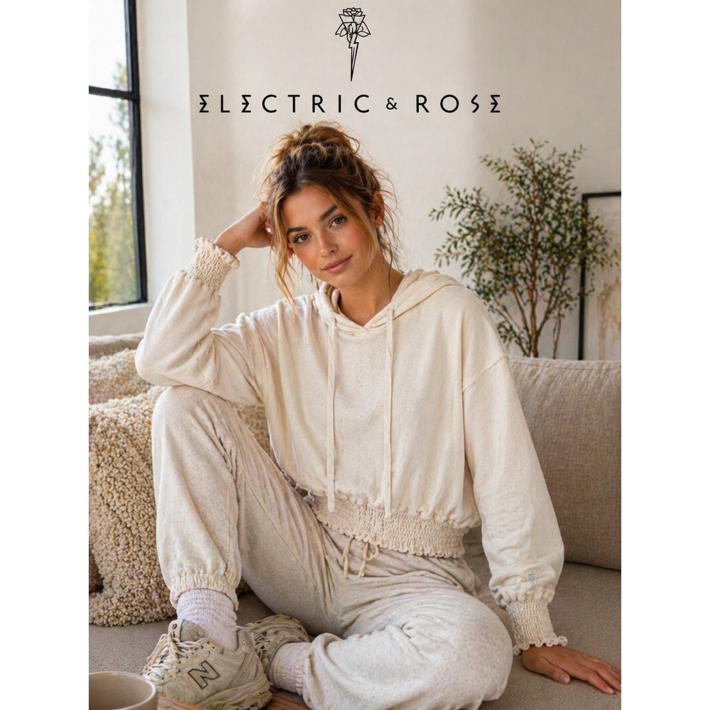 Revolve Electric & Rose Cream Cropped Hoodie Smocked Hem Boho Lounge L